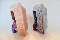 OCCUPIED JAPAN PLANTER Wall Frame Asian Girl Sitting Holding Fan Set Two Pink Blue Embossed ...